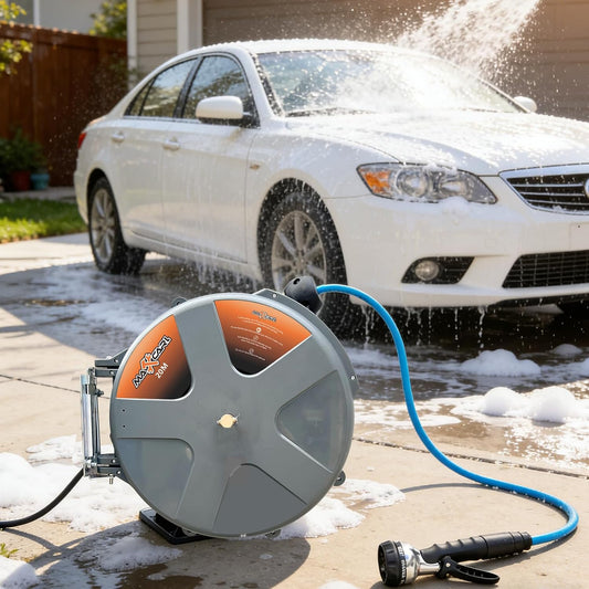 Retractable Water Hose Reel 1/2 in x 65 ft with Spray Gun, Wall Mounted High Pressure Hose Reel