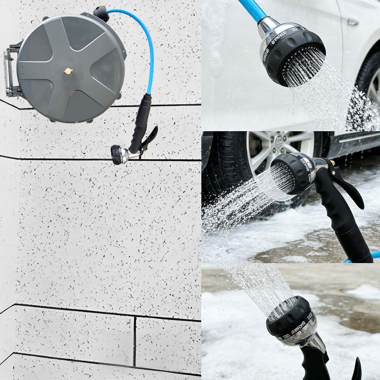 Retractable Water Hose Reel 1/2 in x 65 ft with Spray Gun, Wall Mounted High Pressure Hose Reel