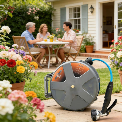 Retractable Water Hose Reel 1/2 in x 65 ft with Spray Gun, Wall Mounted High Pressure Hose Reel