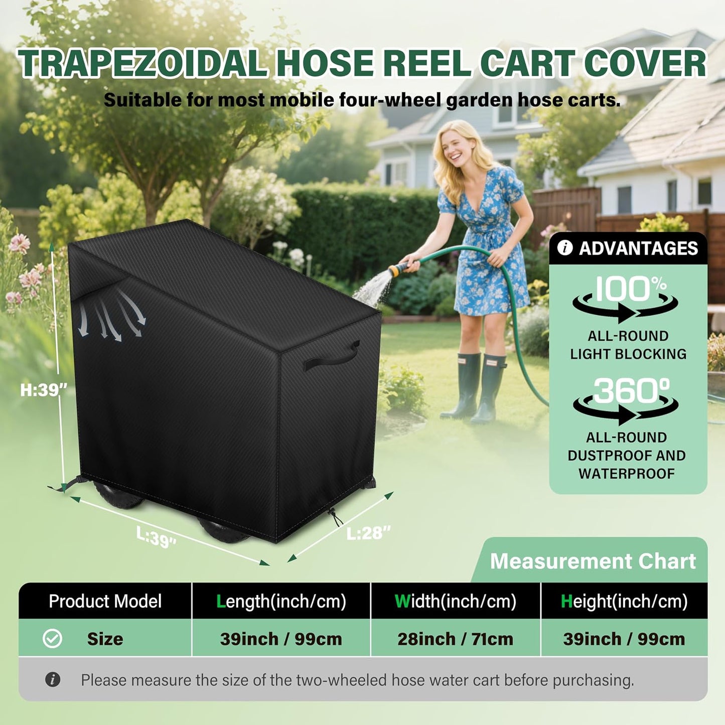4-Wheel Garden Hose Reel Cart Cover – Weather-Resistant Protective Cover for Outdoor Hose Reels & Carts, Protects Against Sunlight, Rain, Snow, Sandstorms – Black