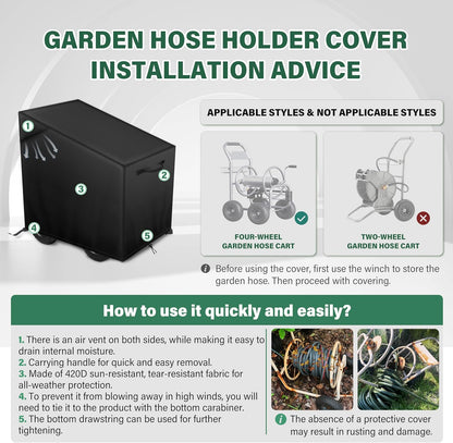4-Wheel Garden Hose Reel Cart Cover – Weather-Resistant Protective Cover for Outdoor Hose Reels & Carts, Protects Against Sunlight, Rain, Snow, Sandstorms – Black