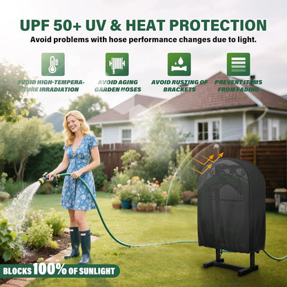 4-Wheel Garden Hose Reel Cart Cover – Weather-Resistant Protective Cover for Outdoor Hose Reels & Carts, Protects Against Sunlight, Rain, Snow, Sandstorms – Black