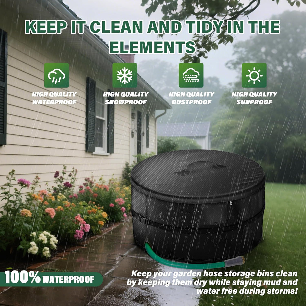 4-Wheel Garden Hose Reel Cart Cover – Weather-Resistant Protective Cover for Outdoor Hose Reels & Carts, Protects Against Sunlight, Rain, Snow, Sandstorms – Black