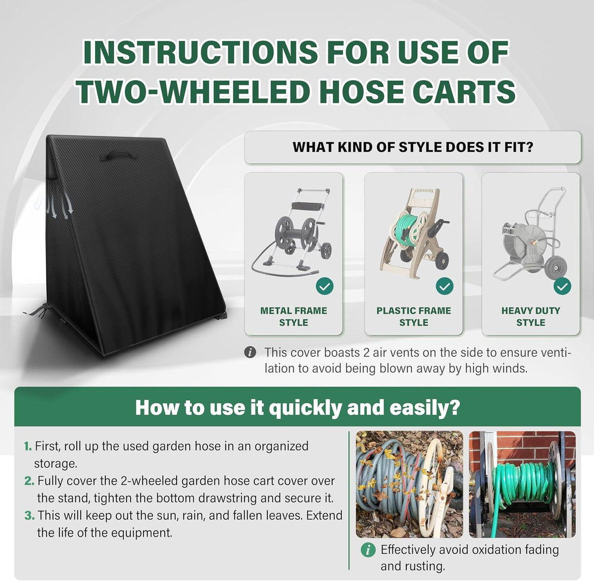 4-Wheel Garden Hose Reel Cart Cover – Weather-Resistant Protective Cover for Outdoor Hose Reels & Carts, Protects Against Sunlight, Rain, Snow, Sandstorms – Black