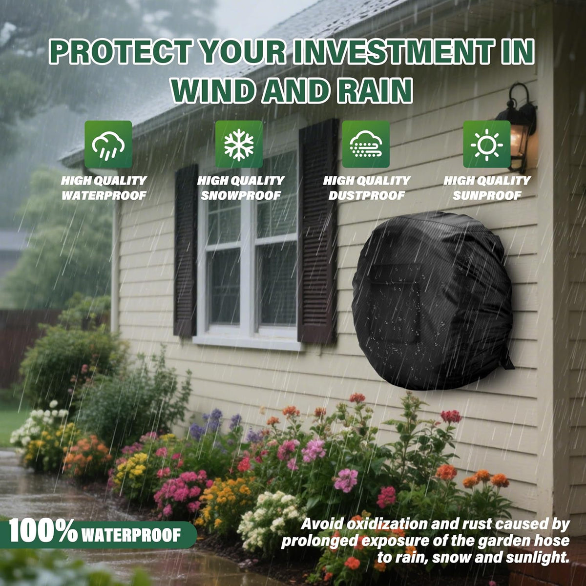 4-Wheel Garden Hose Reel Cart Cover – Weather-Resistant Protective Cover for Outdoor Hose Reels & Carts, Protects Against Sunlight, Rain, Snow, Sandstorms – Black