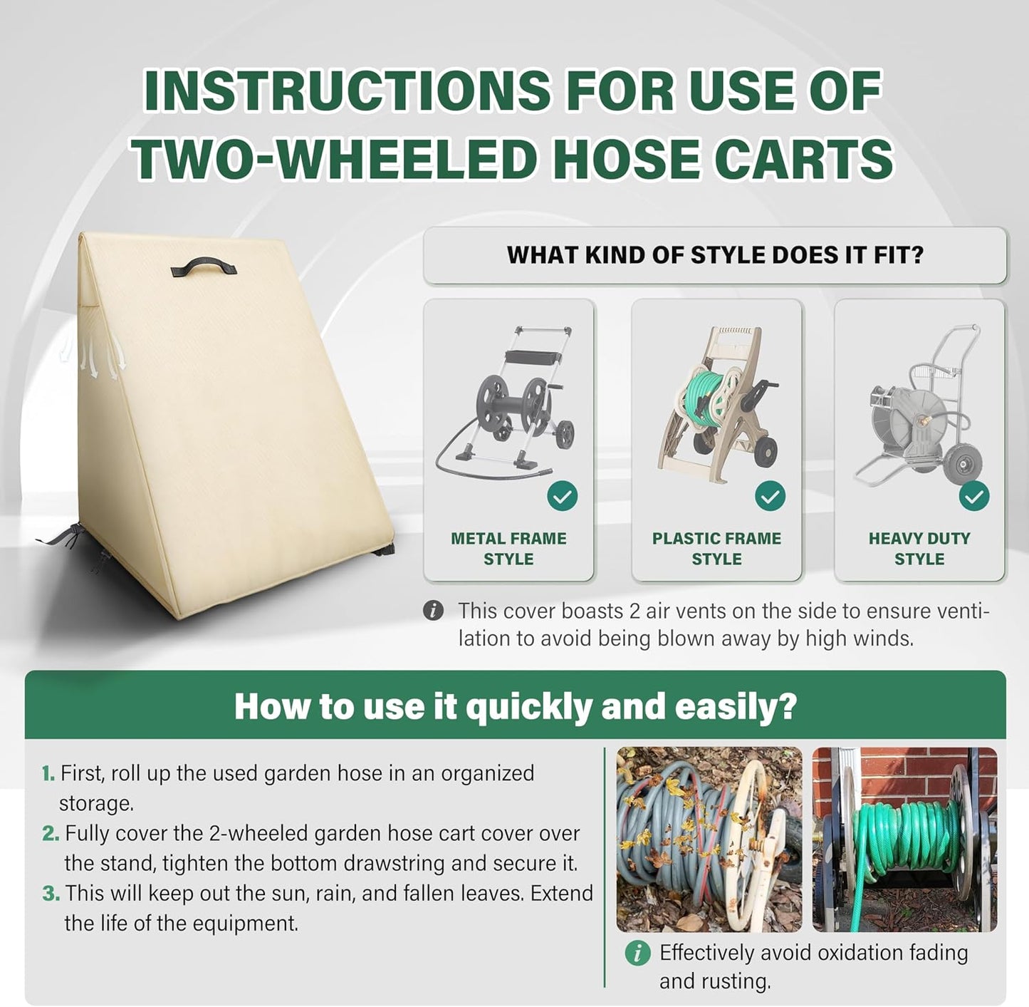 4-Wheel Garden Hose Reel Cart Cover – Weather-Resistant Protective Cover for Outdoor Hose Reels & Carts, Protects Against Sunlight, Rain, Snow, Sandstorms – Black