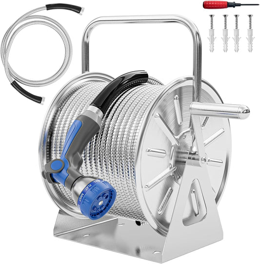 Stainless Steel Garden Hose Reel with 100FT Drinking Water Hose