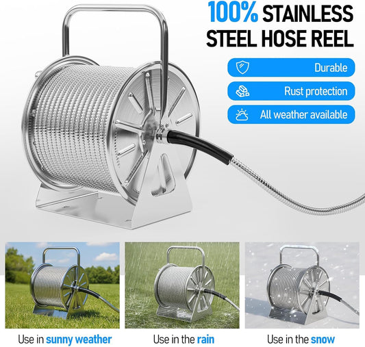 Stainless Steel Garden Hose Reel with 100FT Drinking Water Hose