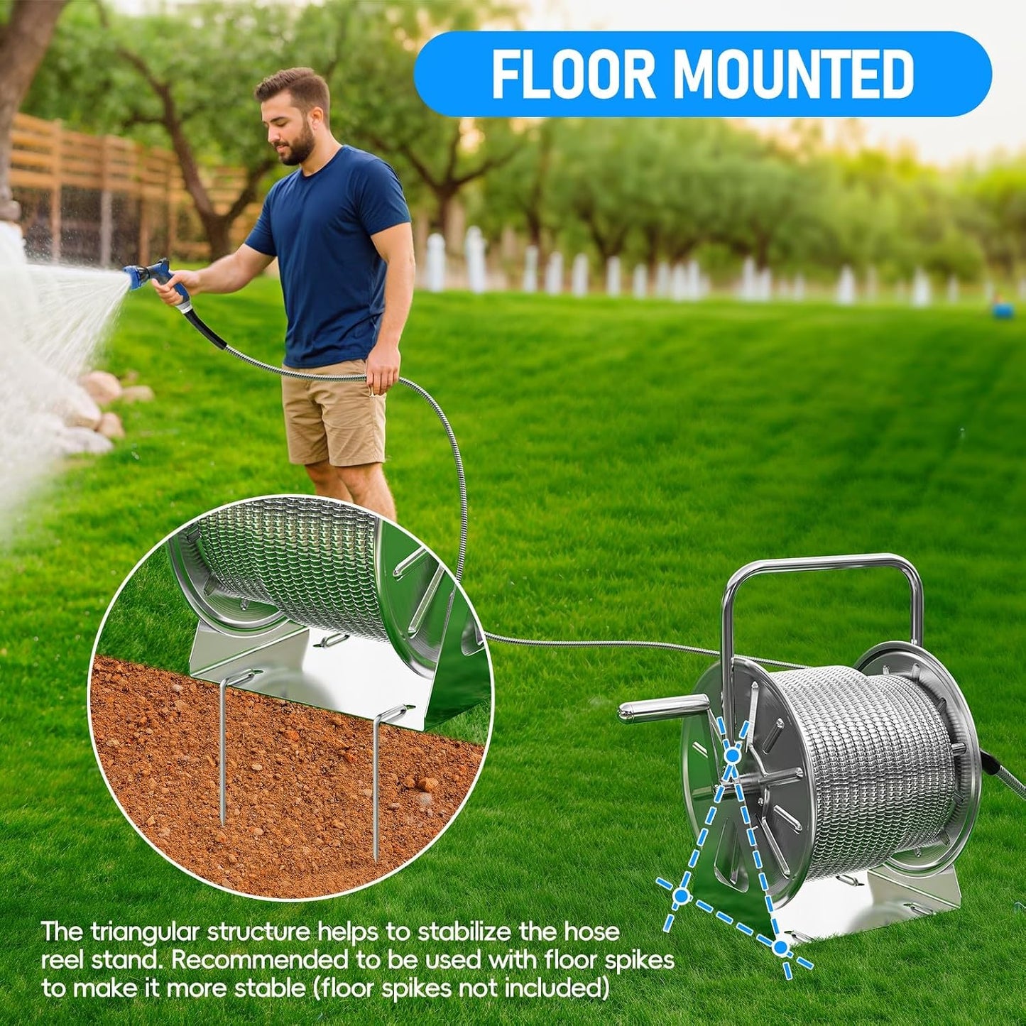 Stainless Steel Garden Hose Reel with 100FT Drinking Water Hose