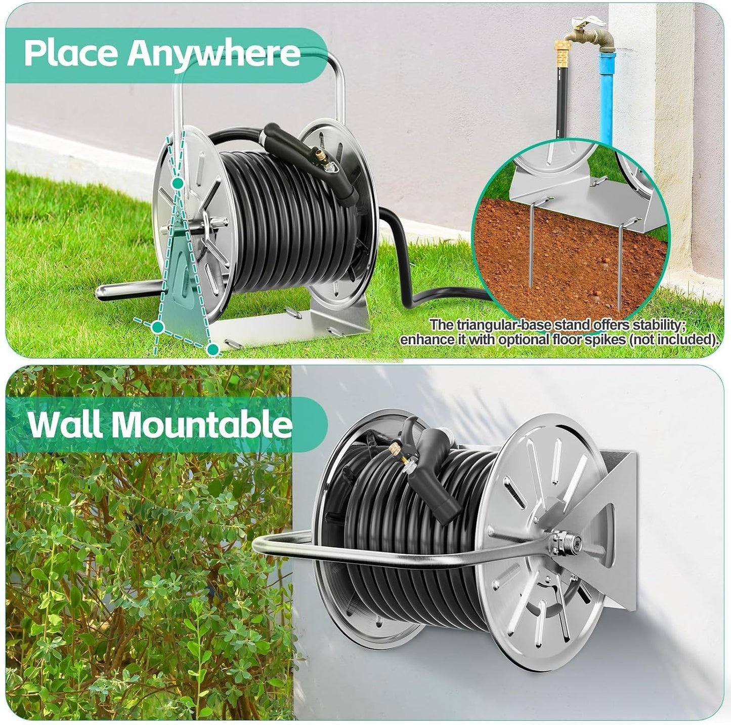 Stainless Steel Garden Hose Reel with 100FT Drinking Water Hose