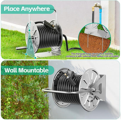 Stainless Steel Garden Hose Reel with 100FT Drinking Water Hose