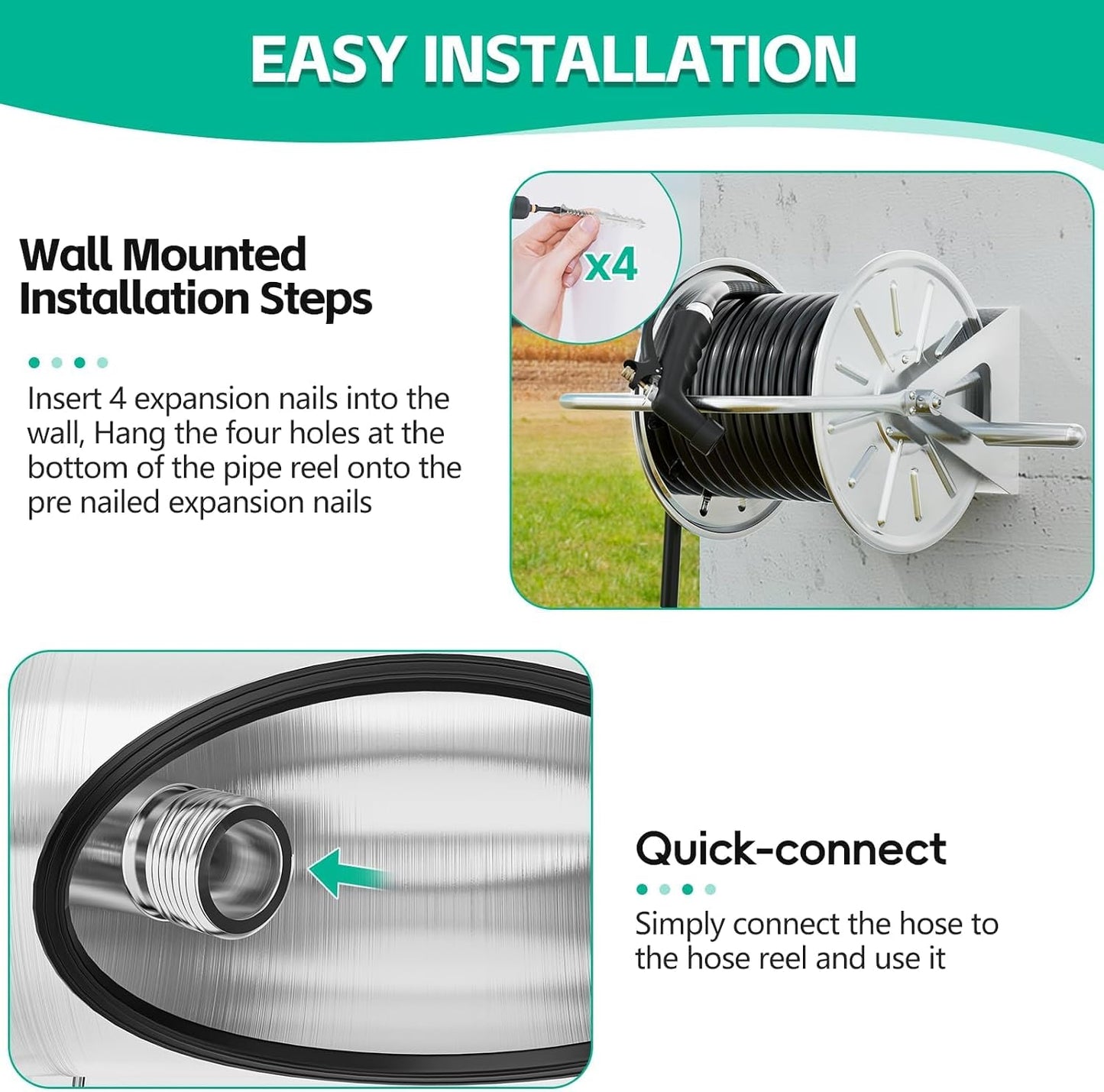 Stainless Steel Garden Hose Reel with 100FT Drinking Water Hose