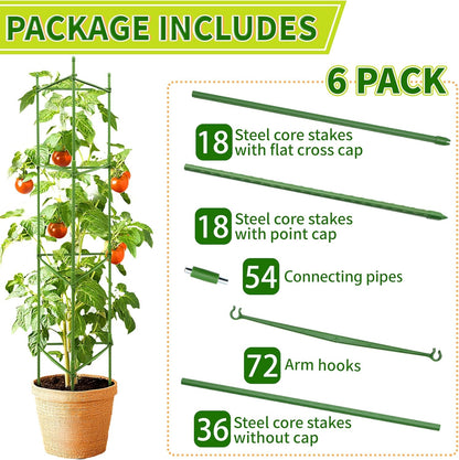 63-Inch Heavy Duty Tomato Cages, 6-Pack Extra Tall Metal Tomato Trellis, Steel Tube Plant Cage for Indeterminate Tomatoes, Cucumbers, Pole Beans – Rust-Proof Coated