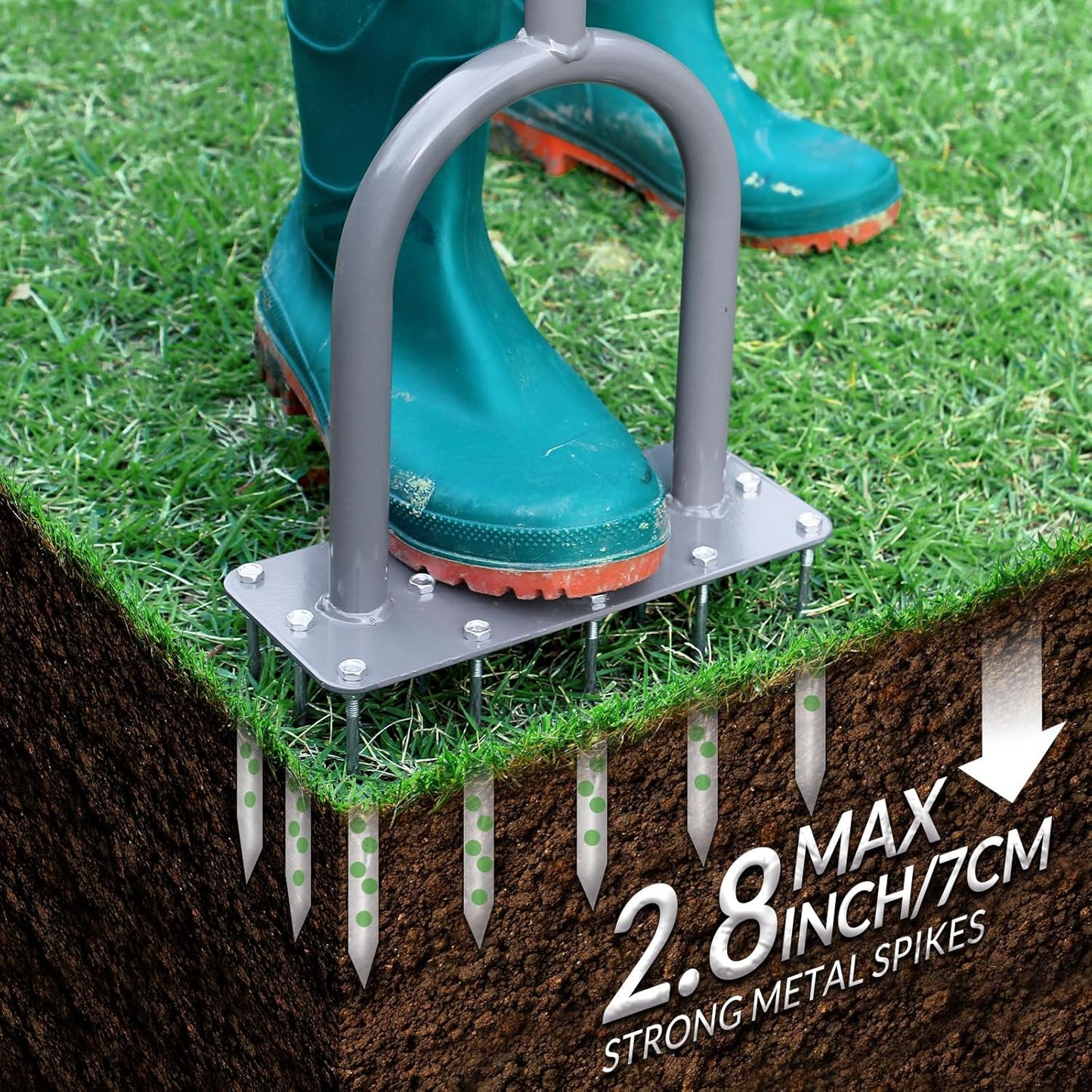 Manual Lawn Aerator Tool with 15 Iron Spikes, Garden Spike Aerator