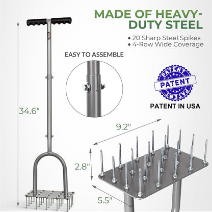 Manual Lawn Aerator Tool with 15 Iron Spikes, Garden Spike Aerator