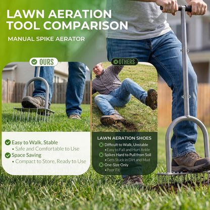 Manual Lawn Aerator Tool with 15 Iron Spikes, Garden Spike Aerator