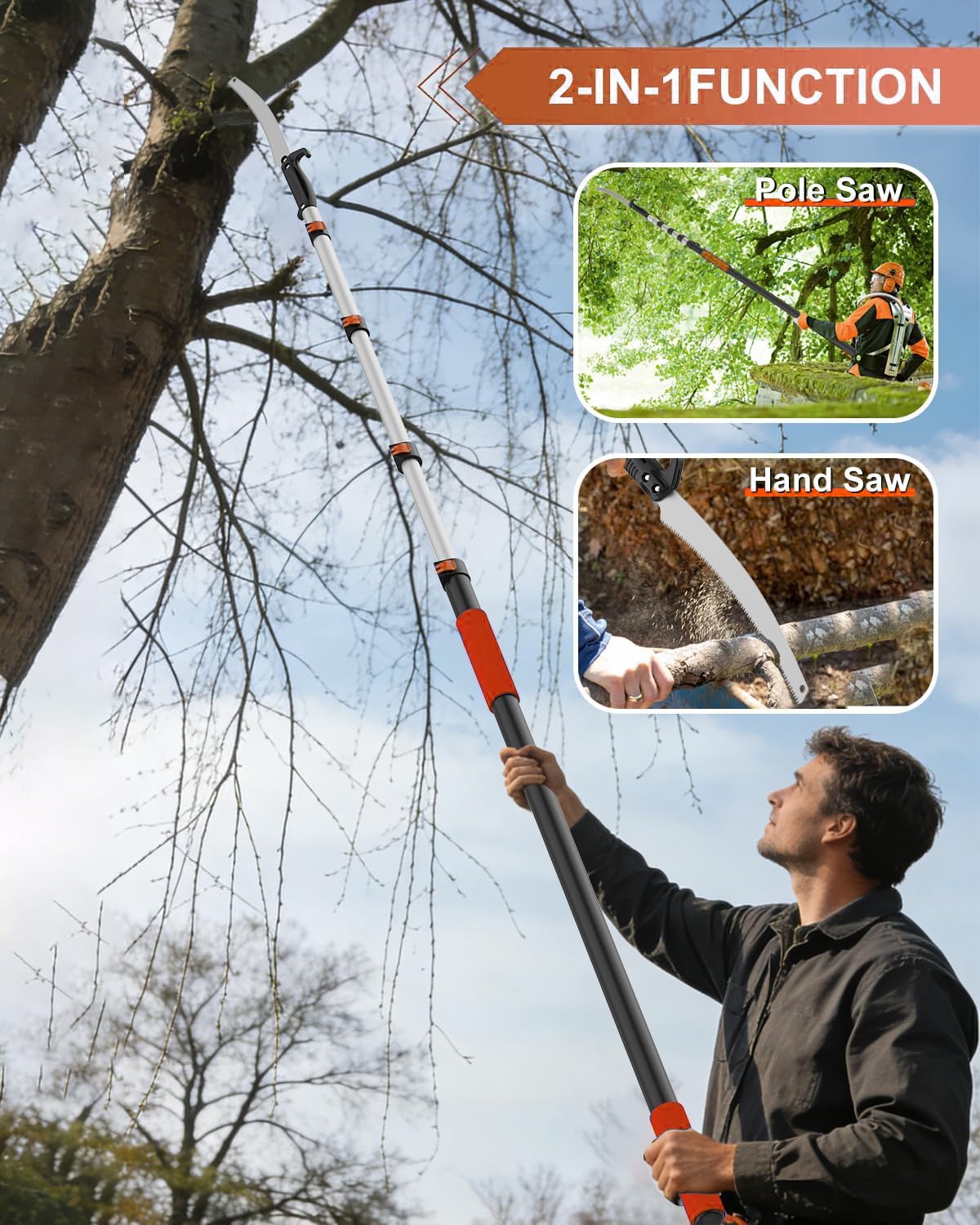 18FT Reach Manual Pole Saws for Tree Trimming with 3-12FT Telescoping Extension Pole, Anti-slip Handle, Manual Pruning Pole Saw with 19" 3X Detachable Saw for Forestry, Yard, Garden, Patios