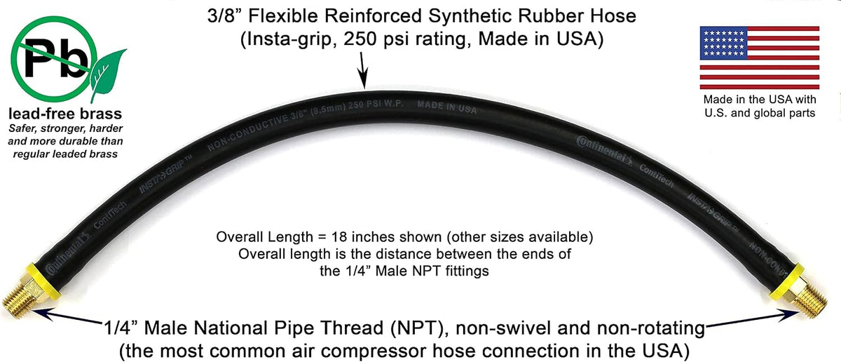18-inch Short Air Compressor Hose: 1/4" Male NPT To 1/4" Male NPT Connections (Lead-Free Brass)