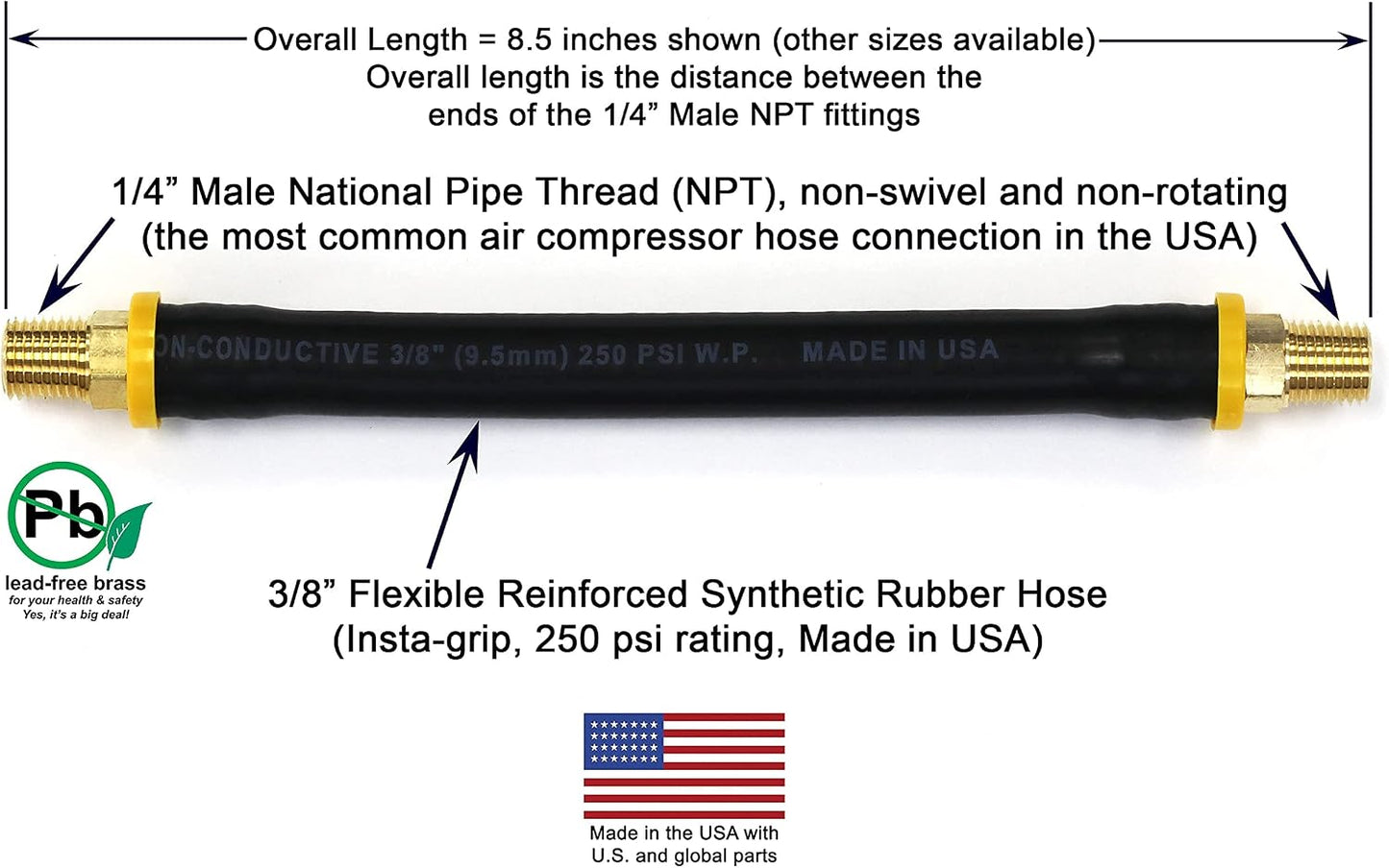 18-inch Short Air Compressor Hose: 1/4" Male NPT To 1/4" Male NPT Connections (Lead-Free Brass)