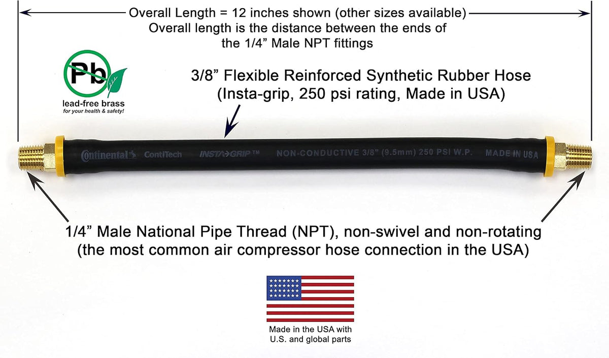 18-inch Short Air Compressor Hose: 1/4" Male NPT To 1/4" Male NPT Connections (Lead-Free Brass)