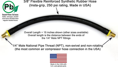 18-inch Short Air Compressor Hose: 1/4" Male NPT To 1/4" Male NPT Connections (Lead-Free Brass)