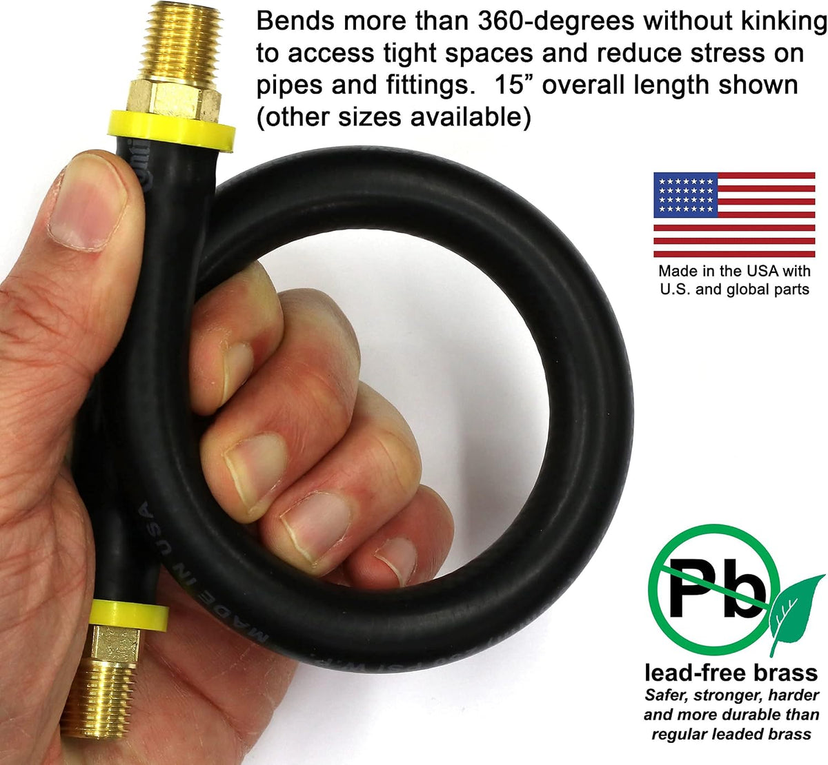 18-inch Short Air Compressor Hose: 1/4" Male NPT To 1/4" Male NPT Connections (Lead-Free Brass)