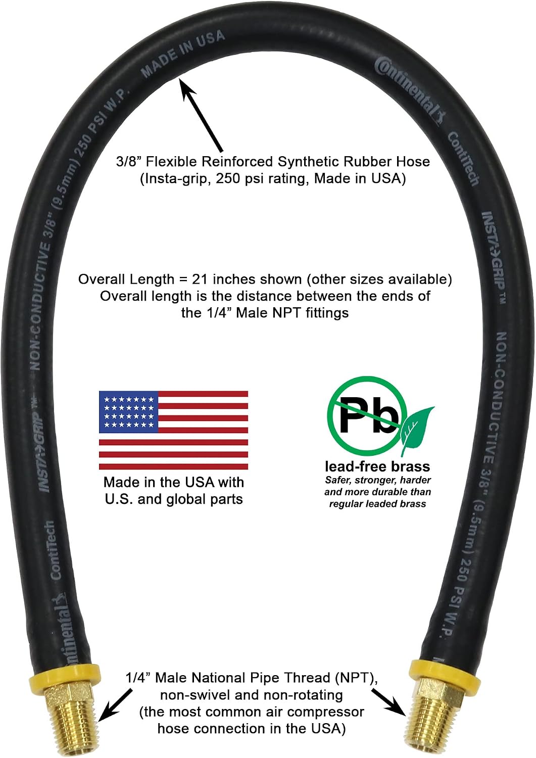 18-inch Short Air Compressor Hose: 1/4" Male NPT To 1/4" Male NPT Connections (Lead-Free Brass)