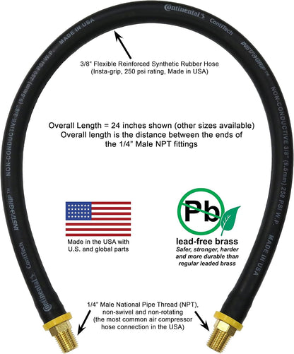 18-inch Short Air Compressor Hose: 1/4" Male NPT To 1/4" Male NPT Connections (Lead-Free Brass)