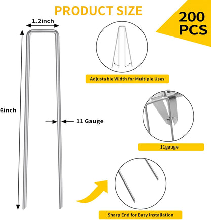200 Pack Landscape Staples 4 Inches, Galvanized Metal Garden Stakes Landscaping Landscape Fabric Staples Sod Pins for Lawn, Barrier Fabric, Garden Fence, Ground Cover