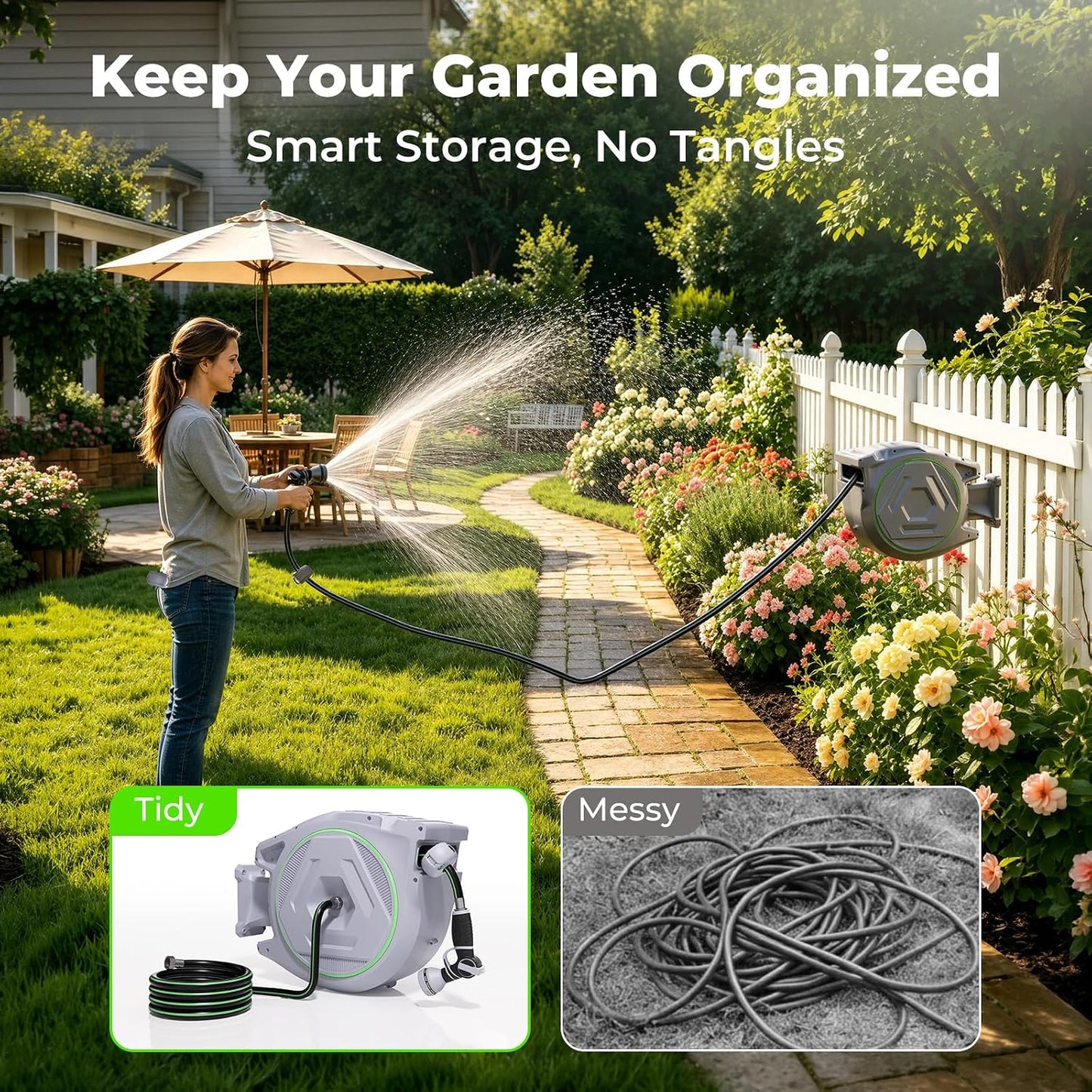 Retractable Garden Hose Reel 100+6.6ft x 5/8 in with 9 Spray Nozzle