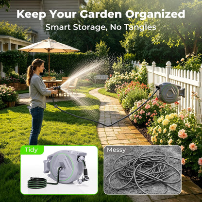 Retractable Garden Hose Reel 100+6.6ft x 5/8 in with 9 Spray Nozzle