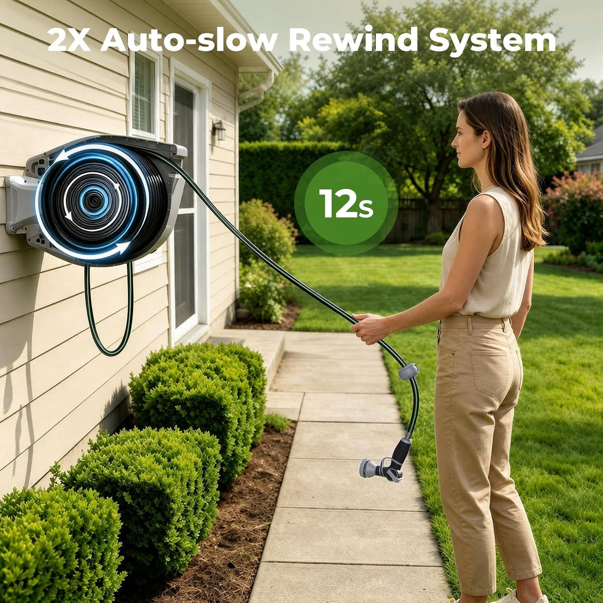 Retractable Garden Hose Reel 100+6.6ft x 5/8 in with 9 Spray Nozzle