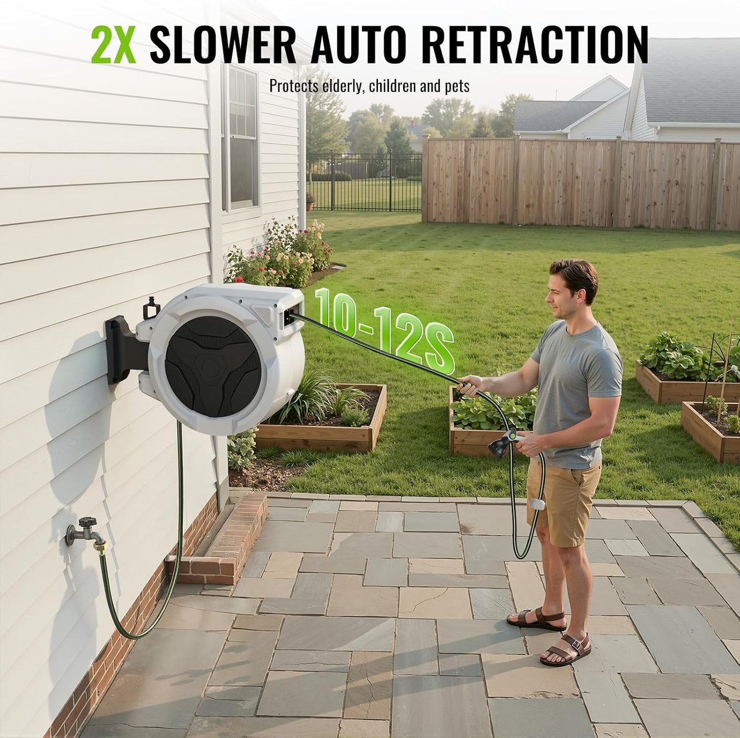 Retractable Garden Hose Reel 100+6.6ft x 5/8 in with 9 Spray Nozzle