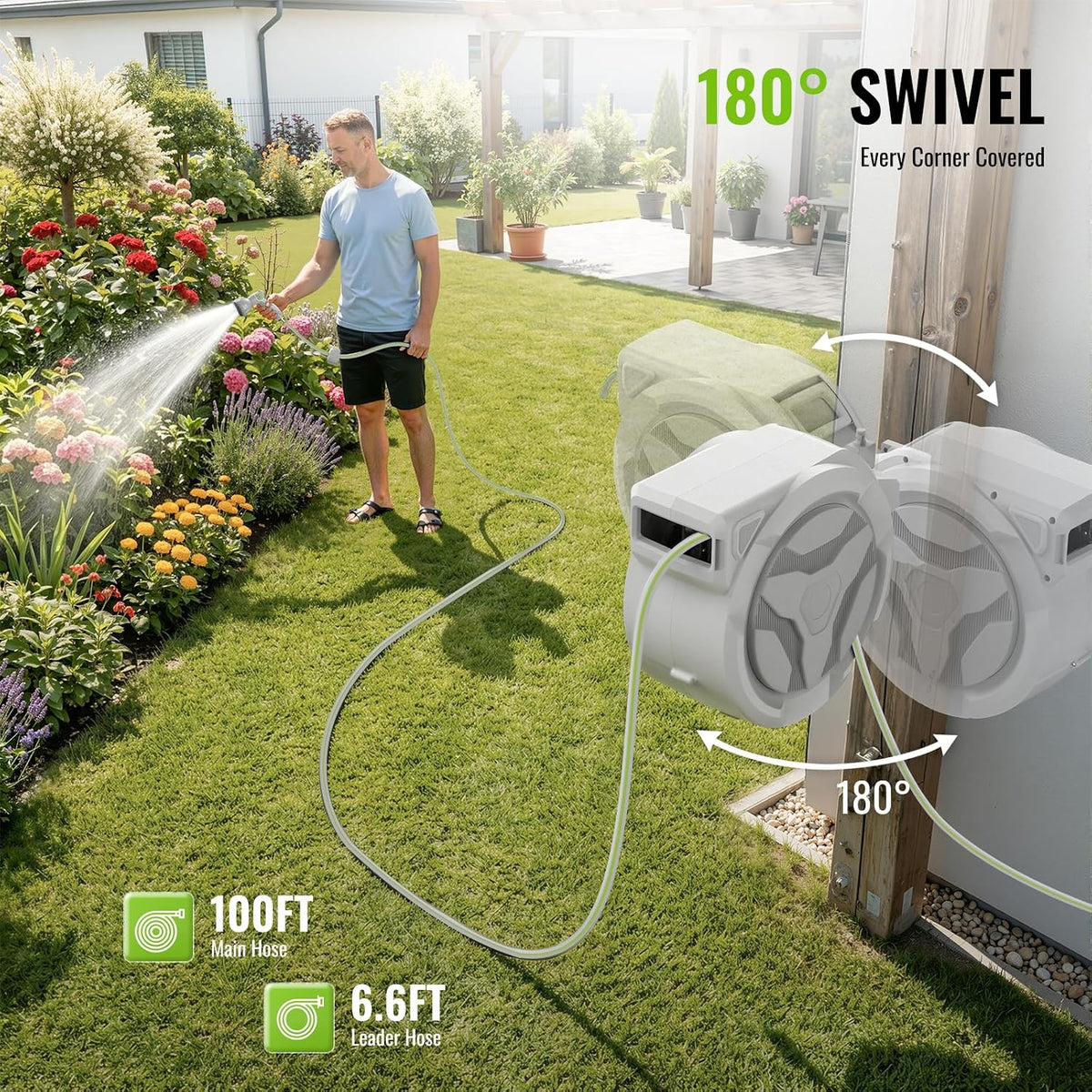 Retractable Garden Hose Reel 100+6.6ft x 5/8 in with 9 Spray Nozzle