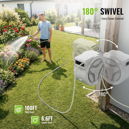 Retractable Garden Hose Reel 100+6.6ft x 5/8 in with 9 Spray Nozzle