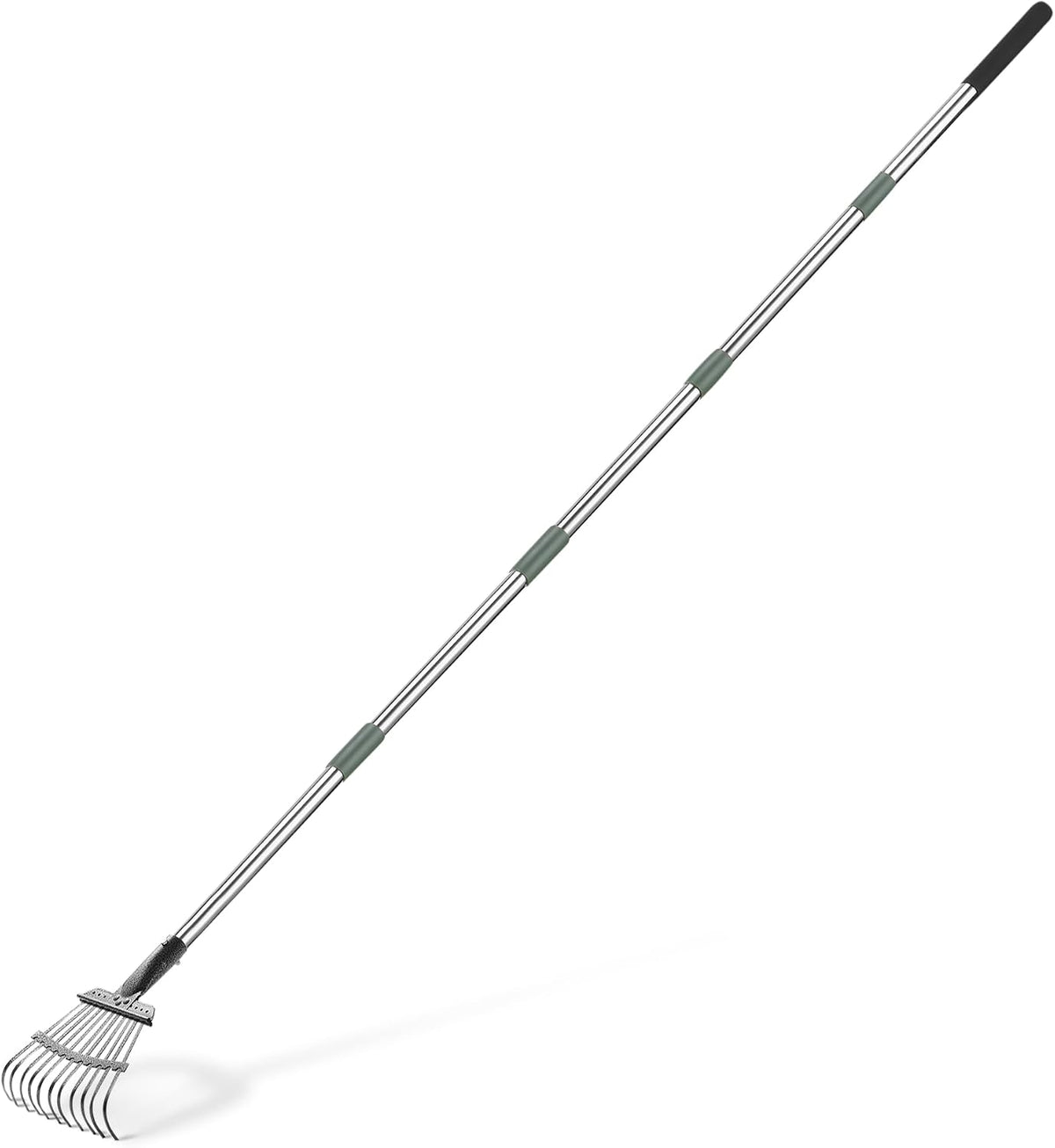 Garden Rake, Leaf rake with 38.58" - 80.51" Adjustable Steel Handle, Gardening tools for Yard Work, Olive/Black/Silver