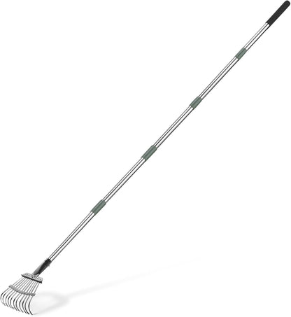 Garden Rake, Leaf rake with 38.58" - 80.51" Adjustable Steel Handle, Gardening tools for Yard Work, Olive/Black/Silver