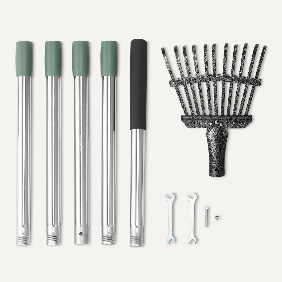 Garden Rake, Leaf rake with 38.58" - 80.51" Adjustable Steel Handle, Gardening tools for Yard Work, Olive/Black/Silver