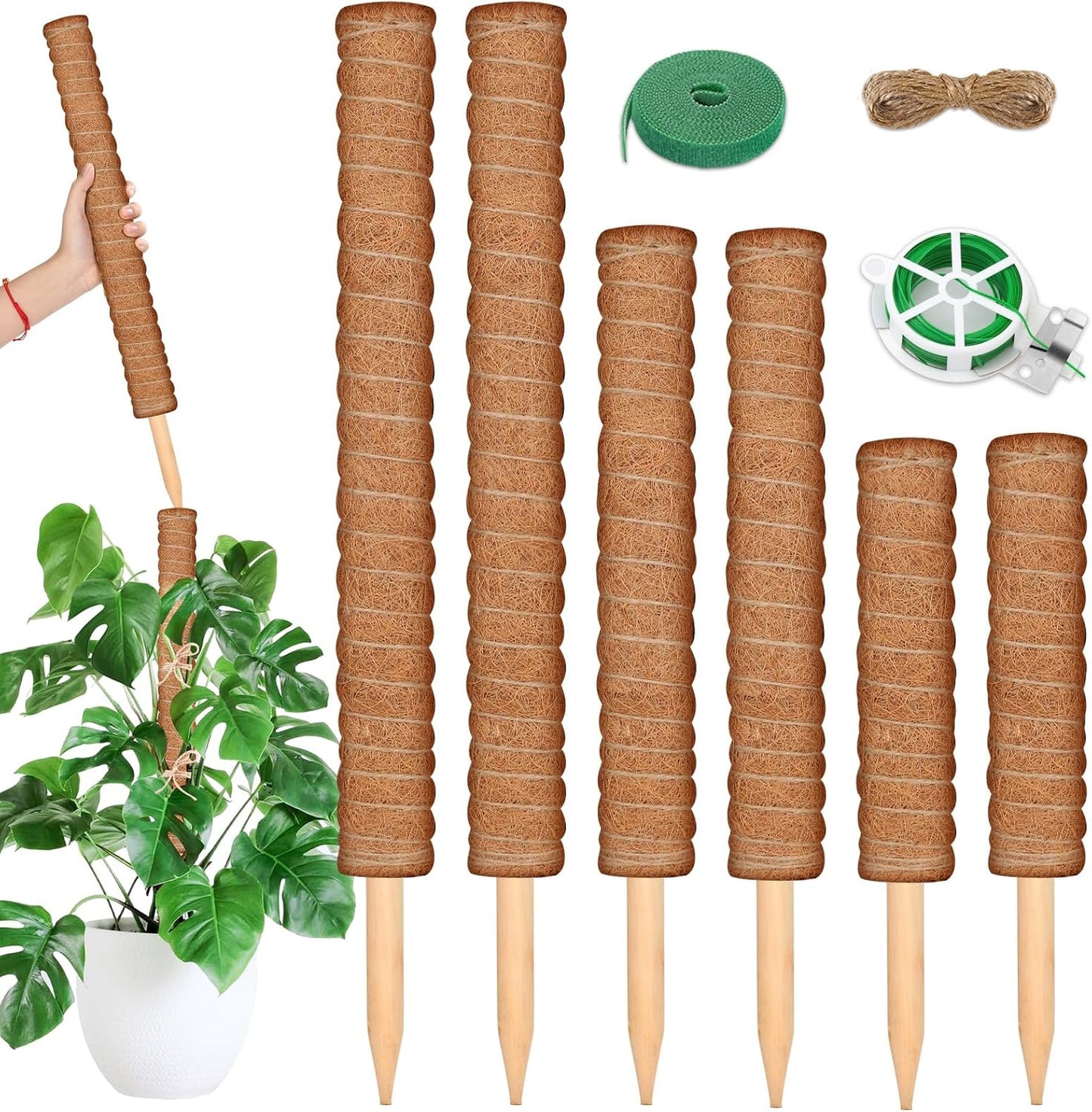 102 Inch Moss Pole for Plants Indoor (2*21.7", 2*16.5", 2*12.6") 6Pcs Coco Coir Pole Monstera Plant Support Pole for Plants Climbing with 65.6ft Twist Tie, Plant Tie and Jute Rope for Potted