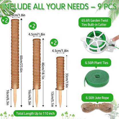 102 Inch Moss Pole for Plants Indoor (2*21.7", 2*16.5", 2*12.6") 6Pcs Coco Coir Pole Monstera Plant Support Pole for Plants Climbing with 65.6ft Twist Tie, Plant Tie and Jute Rope for Potted