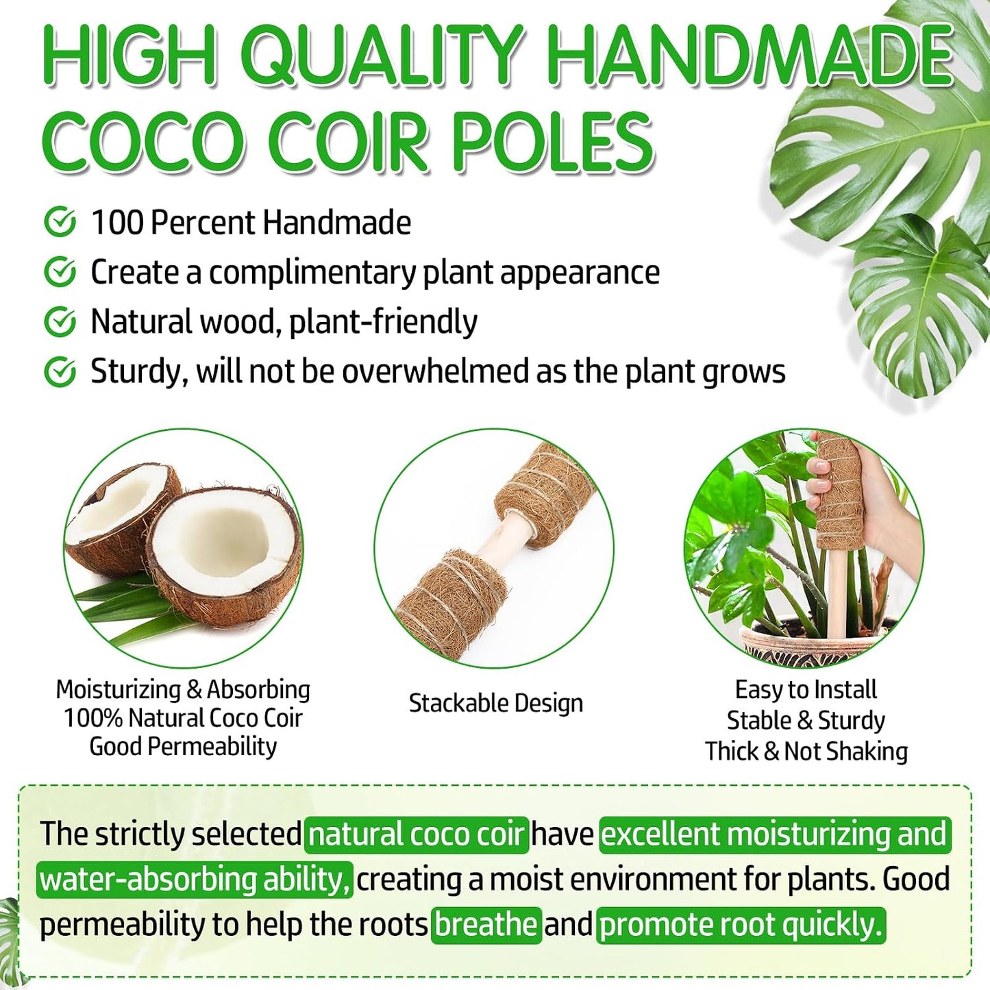 102 Inch Moss Pole for Plants Indoor (2*21.7", 2*16.5", 2*12.6") 6Pcs Coco Coir Pole Monstera Plant Support Pole for Plants Climbing with 65.6ft Twist Tie, Plant Tie and Jute Rope for Potted