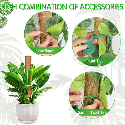 102 Inch Moss Pole for Plants Indoor (2*21.7", 2*16.5", 2*12.6") 6Pcs Coco Coir Pole Monstera Plant Support Pole for Plants Climbing with 65.6ft Twist Tie, Plant Tie and Jute Rope for Potted
