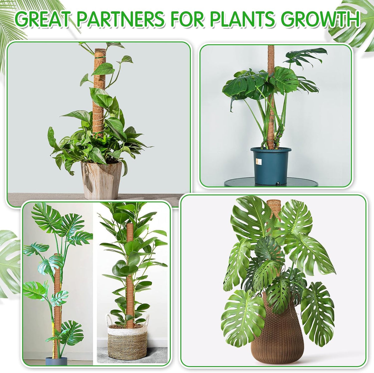 102 Inch Moss Pole for Plants Indoor (2*21.7", 2*16.5", 2*12.6") 6Pcs Coco Coir Pole Monstera Plant Support Pole for Plants Climbing with 65.6ft Twist Tie, Plant Tie and Jute Rope for Potted