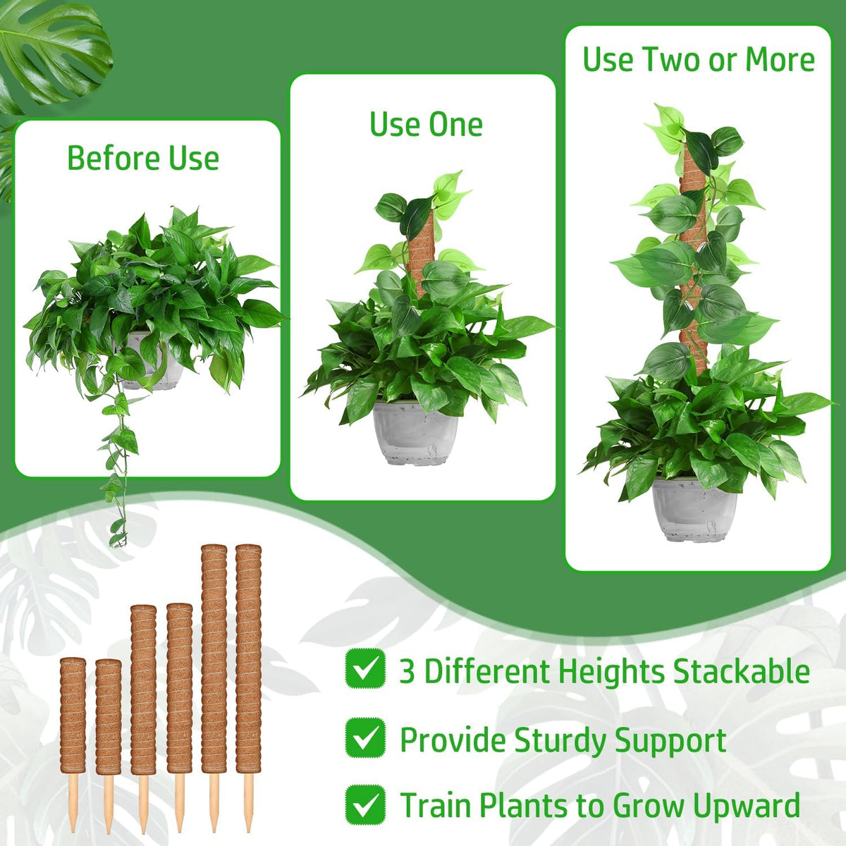 102 Inch Moss Pole for Plants Indoor (2*21.7", 2*16.5", 2*12.6") 6Pcs Coco Coir Pole Monstera Plant Support Pole for Plants Climbing with 65.6ft Twist Tie, Plant Tie and Jute Rope for Potted