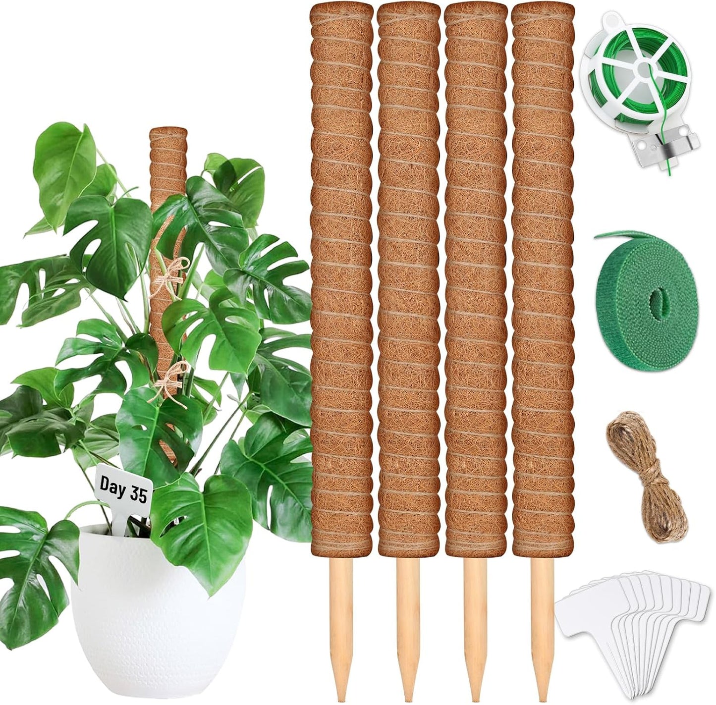 102 Inch Moss Pole for Plants Indoor (2*21.7", 2*16.5", 2*12.6") 6Pcs Coco Coir Pole Monstera Plant Support Pole for Plants Climbing with 65.6ft Twist Tie, Plant Tie and Jute Rope for Potted