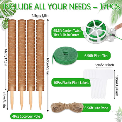 102 Inch Moss Pole for Plants Indoor (2*21.7", 2*16.5", 2*12.6") 6Pcs Coco Coir Pole Monstera Plant Support Pole for Plants Climbing with 65.6ft Twist Tie, Plant Tie and Jute Rope for Potted