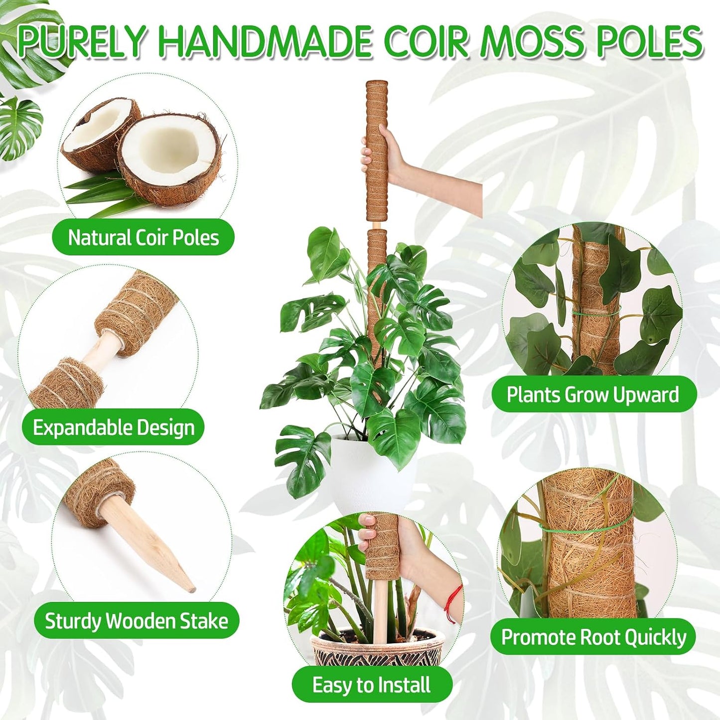 102 Inch Moss Pole for Plants Indoor (2*21.7", 2*16.5", 2*12.6") 6Pcs Coco Coir Pole Monstera Plant Support Pole for Plants Climbing with 65.6ft Twist Tie, Plant Tie and Jute Rope for Potted