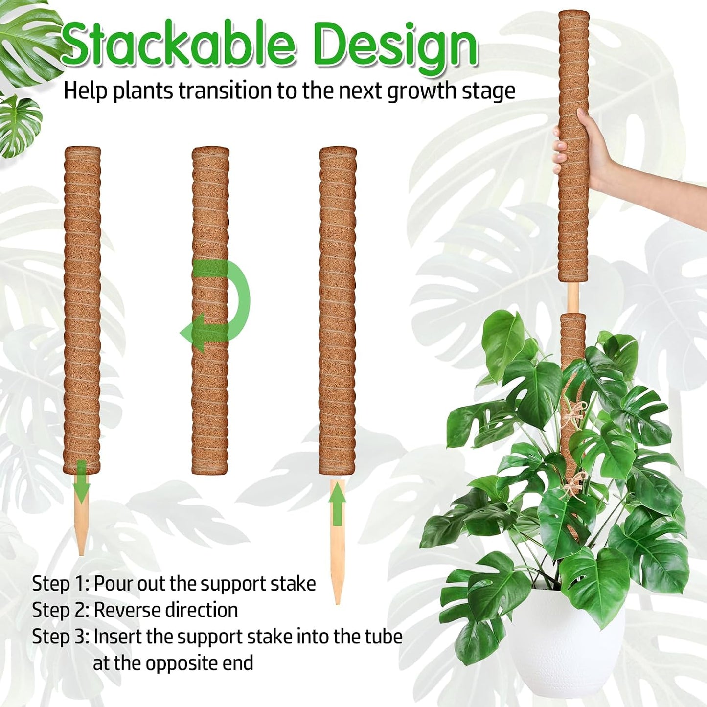 102 Inch Moss Pole for Plants Indoor (2*21.7", 2*16.5", 2*12.6") 6Pcs Coco Coir Pole Monstera Plant Support Pole for Plants Climbing with 65.6ft Twist Tie, Plant Tie and Jute Rope for Potted