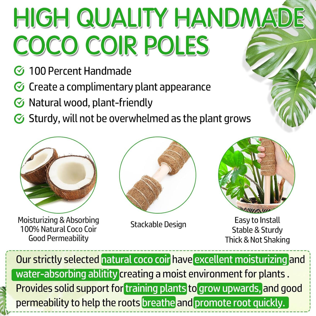 102 Inch Moss Pole for Plants Indoor (2*21.7", 2*16.5", 2*12.6") 6Pcs Coco Coir Pole Monstera Plant Support Pole for Plants Climbing with 65.6ft Twist Tie, Plant Tie and Jute Rope for Potted