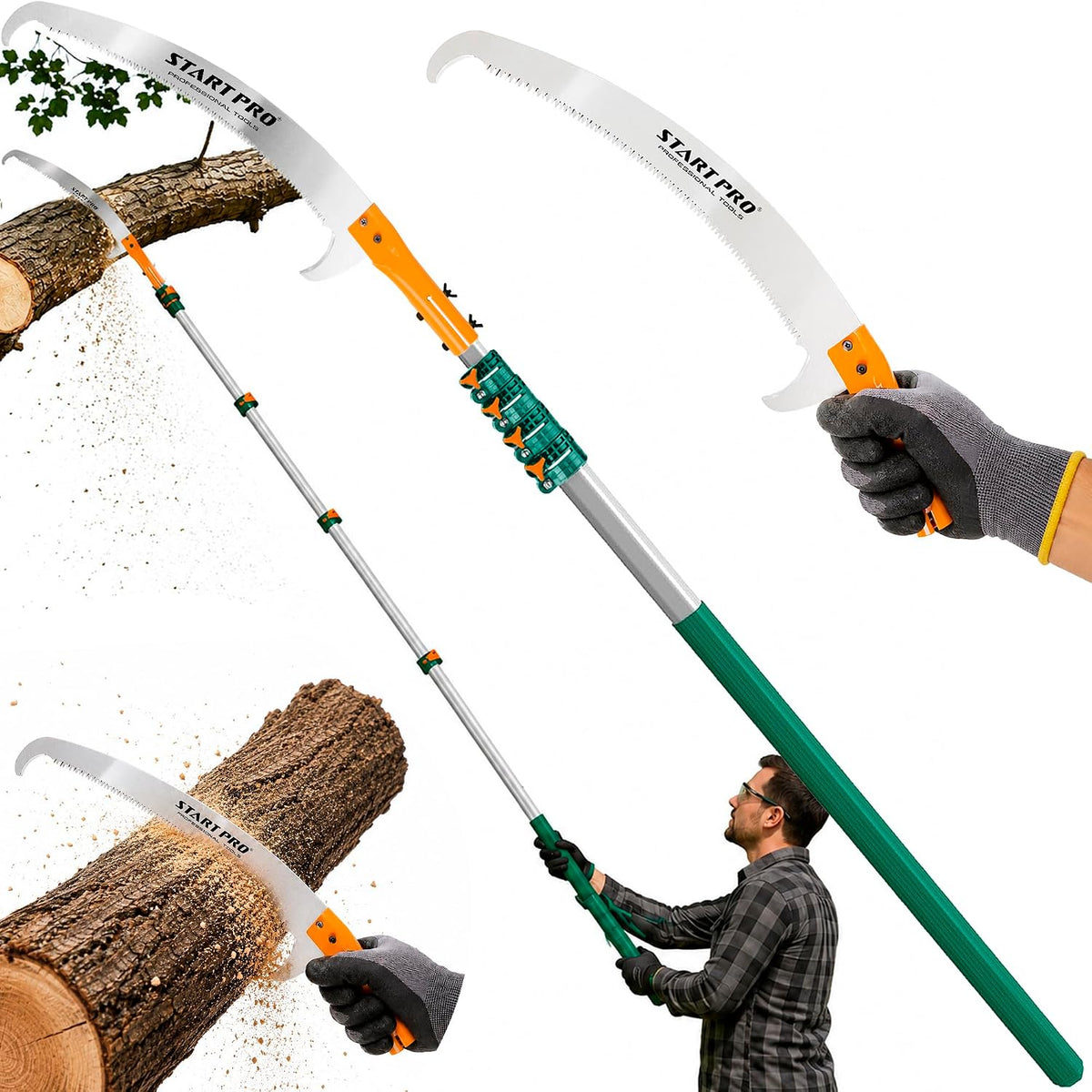 StartPro 23ft Reach Tree Pruning Saw, Telescopic, Manual, Lightweight, 18ft Extendable Pole Saw with Sharp Carbon-Enriched Blade for Efficient Tree Maintenance and High-Reach Branch Cutting.